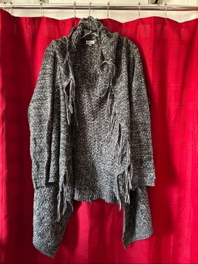 Open-Front Fringe Knit Cardigan Sweater - Gray